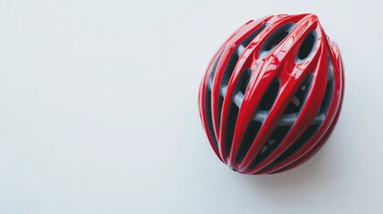 Fototapeta premium Red bicycle helmet resting on a white background, offering a clean and minimalistic visual focused on safety.