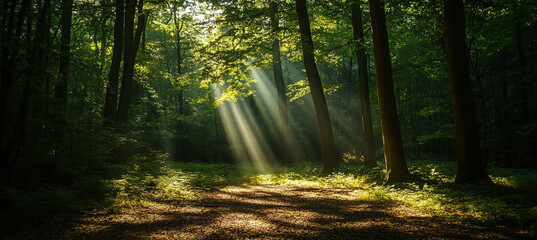 Obraz premium Enchanting Forest Clearing with Soft Sunlight Filtering Through Trees