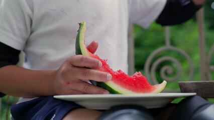 Young boy holding a slice of watermelon on a plate, preparing to take another bite. bright red...