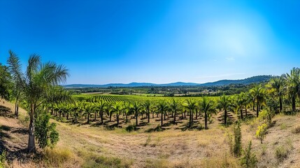 Obraz premium Expansive Oil Palm Plantation with Lush Foliage and Serene Blue Sky Scenery