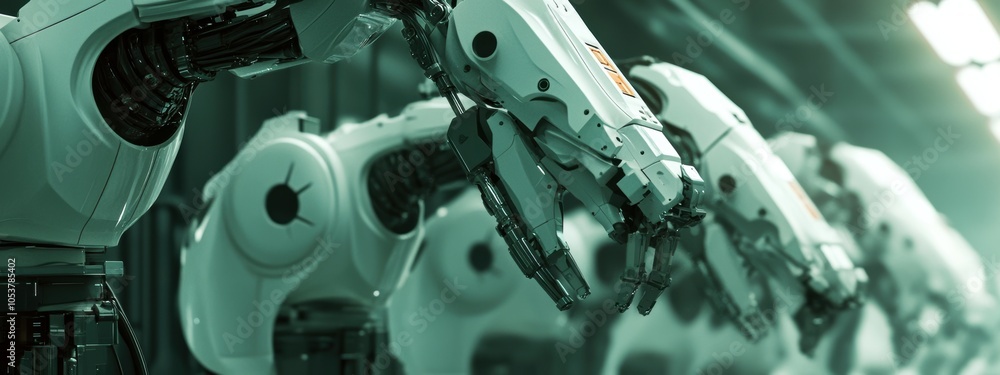 Poster robotic arms in automated assembly line, precision engineering, seamless operation, advanced manufac