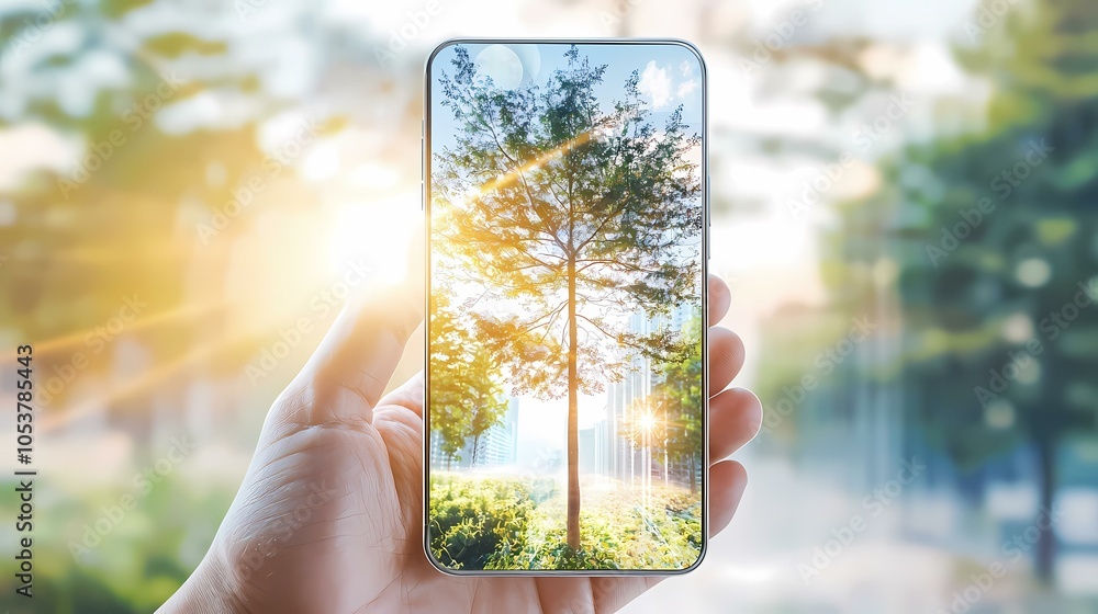 Poster a hand holds a smartphone displaying a vibrant image of a tall tree in a sunny park.