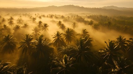 Fototapeta premium Misty Tropical Jungle Landscape with Backlit Palm Trees in Glowing Morning Light