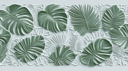 Fototapeta premium 3D Rendered Green Tropical Leaves on a White Embossed Background, Forming a Seamless Pattern