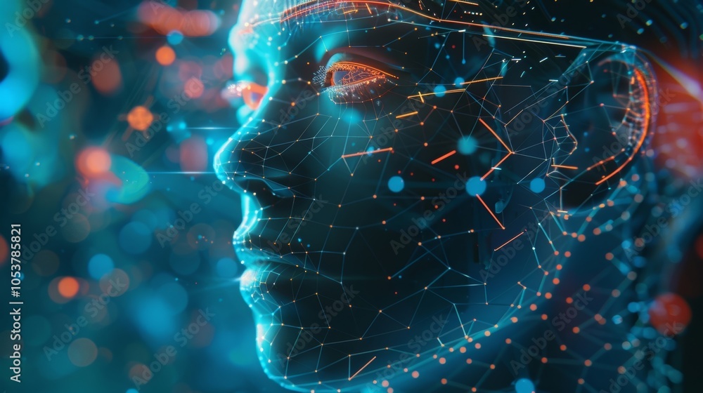 Poster glowing lines and dots forming a human face represent the future of artificial intelligence and its 