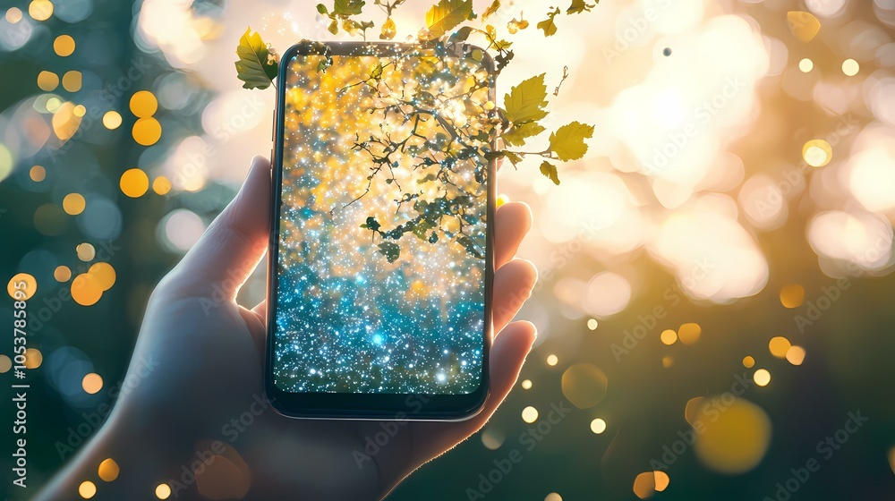 Poster a hand holds a smartphone with a blurred image of a tree with glowing lights on the screen, in the b