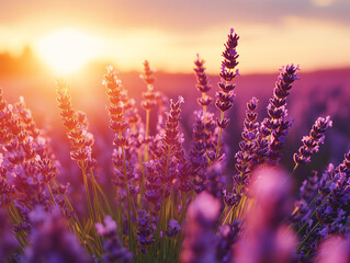 Obraz premium a vibrant field of purple lavender flowers under a beautiful sunset.
