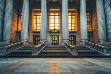 Grand courthouse entrance, law and justice building facade, government structure with classic architecture and colonnade.