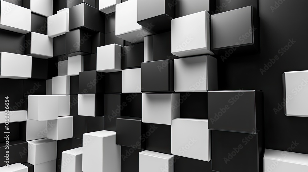 Fototapete a striking black and white monochrome 3d cubes pattern, with a blank central space for text or produ
