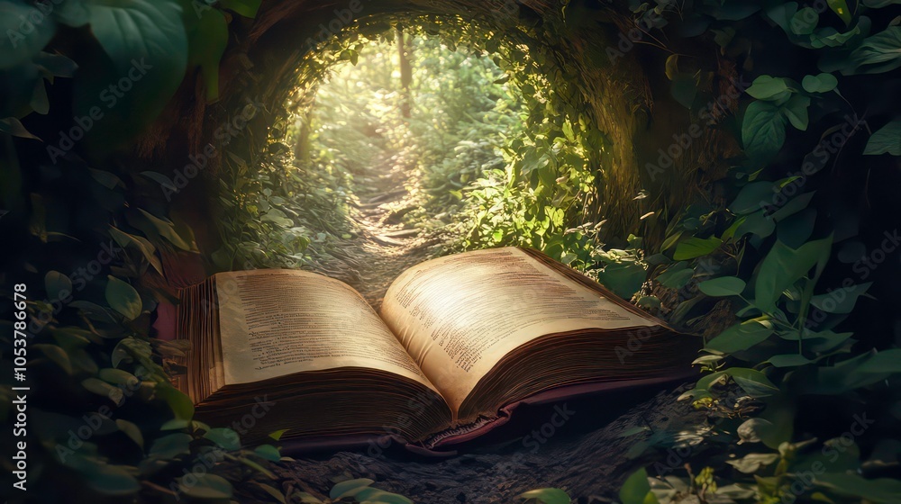 Poster an open book lies in a lush, green forest, with a magical, sunlit path leading out of the pages, cre