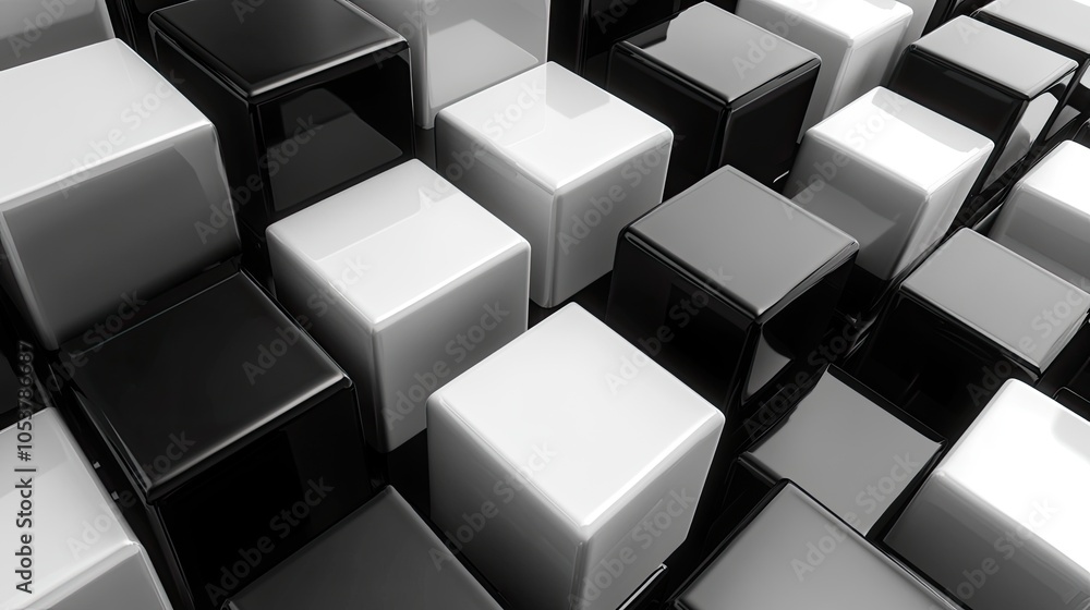 Fototapete a striking black and white monochrome 3d cubes pattern, with a blank central space for text or produ