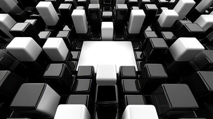 Fototapeta premium A striking black and white monochrome 3D cubes pattern, with a blank central space for text or product displays.