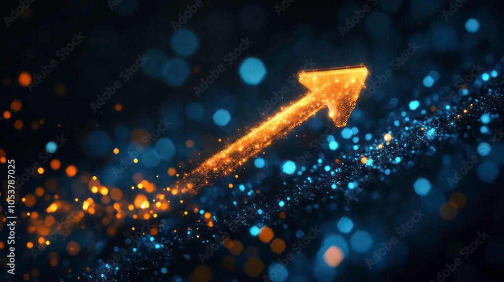 Poster an upward arrow made of glowing particles rises on a dark blue background.