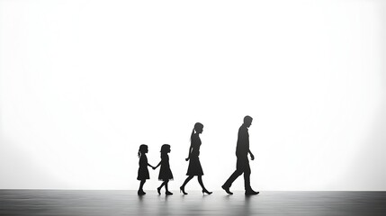Fototapeta premium Family of Four Silhouettes Walking Together in Unity and Simplicity
