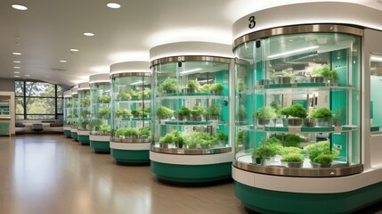 A row of circular glass enclosures with rows of lush green plants, showcasing a modern approach to indoor horticulture.