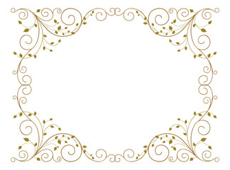 Frame floral vintage, greeting card, decorative golden border with twigs and leaves, vector illustration isolated on white