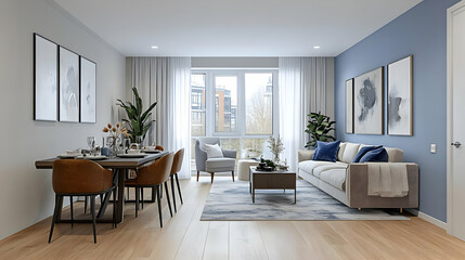 Fototapeta premium Modern Living Room Interior Design with Grey Walls and Wooden Floors, Featuring a Grey Sofa with Blue Pillows, a Grey Armchair, and a Wooden Coffee Table