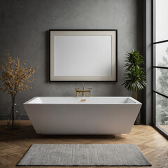 Modern Minimalist Bathroom Bathtub With A Large  Frame On The Wall, Interior Design Wall Art Mockups