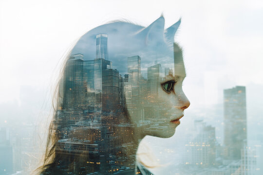 Double exposure of a woman with a cat mask and a big city