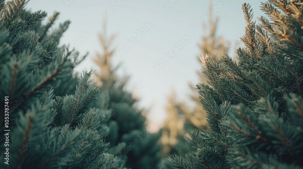 Poster close-up of evergreen tree branches against a blue sky with a row of trees in the background.