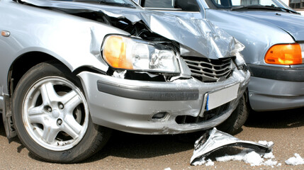Damaged car with crumpled front end, showcasing aftermath of collision. scene evokes sense of urgency and concern for safety on road