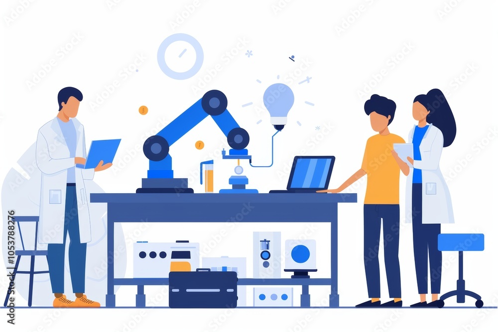Poster scientists collaborating in laboratory with robotic arm and modern technology.