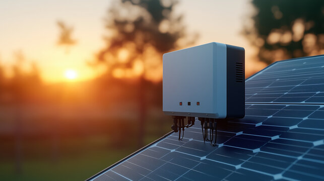 micro inverter mounted on solar panels during sunset, showcasing technology