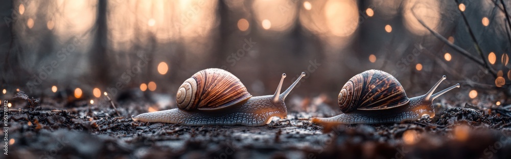 Poster two snails crawling on the forest floor with blurred bokeh lights in the background.