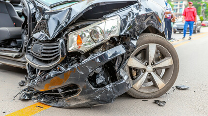 damaged car with crumpled front end and flat tire is seen on road, highlighting aftermath of collision. scene evokes sense of urgency and concern for safety