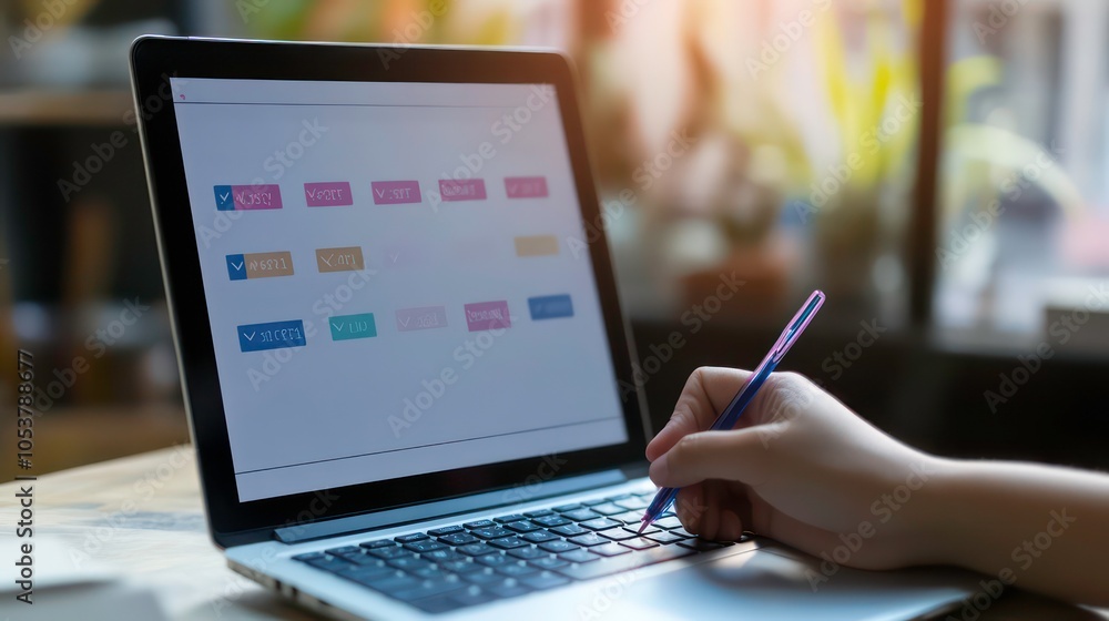 Poster A person using a laptop with colorful buttons on the screen for interaction or selection.