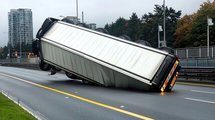 semi truck is jackknifed on highway, creating dramatic scene. truck is tilted on its side, showcasing aftermath of collision. surrounding area features urban elements and trees, adding to context of