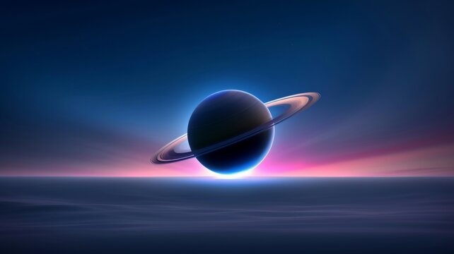 Stunning view of Saturn with ring silhouette against a vibrant pink and blue sunset sky.