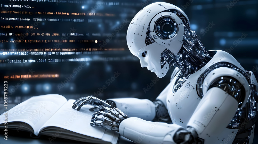 Poster a white robot with glowing wires reads a book with its metallic fingers in front of a blurred backgr