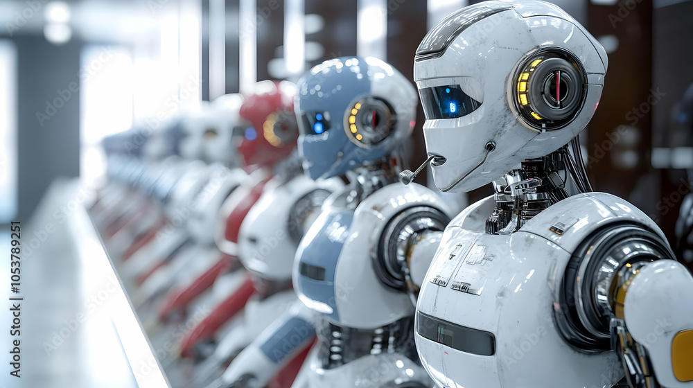 Poster a row of futuristic white robots with colored heads stand in a factory setting, ready for work