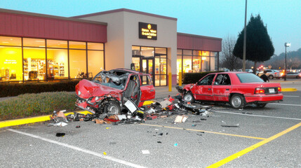 serious car collision involving two vehicles outside retail store, showcasing significant damage to both cars. scene captures aftermath of accident, evoking sense of urgency and concern