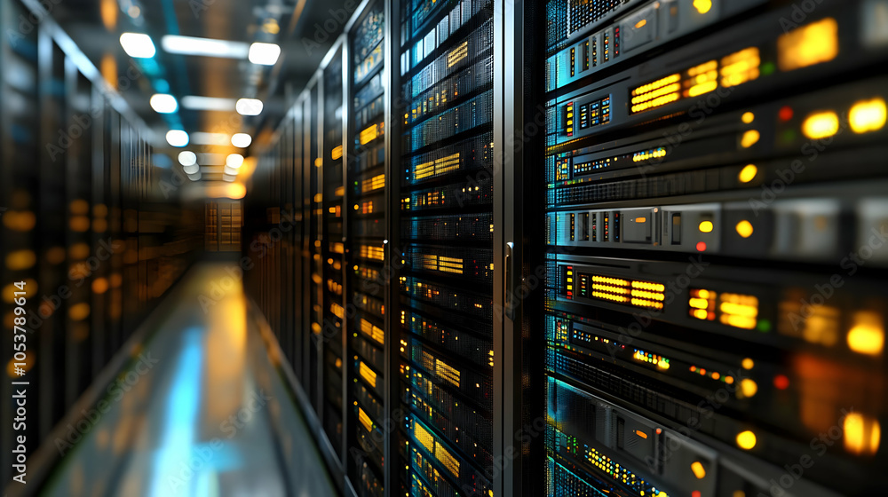 Poster a digital server room depicting rows of powerful servers in a modern data center, with luminous ligh