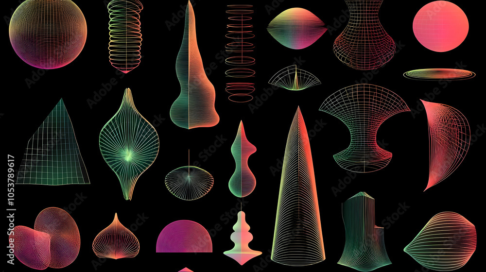 Poster abstract geometric shapes with wireframe structure in vibrant gradient colors on a black background