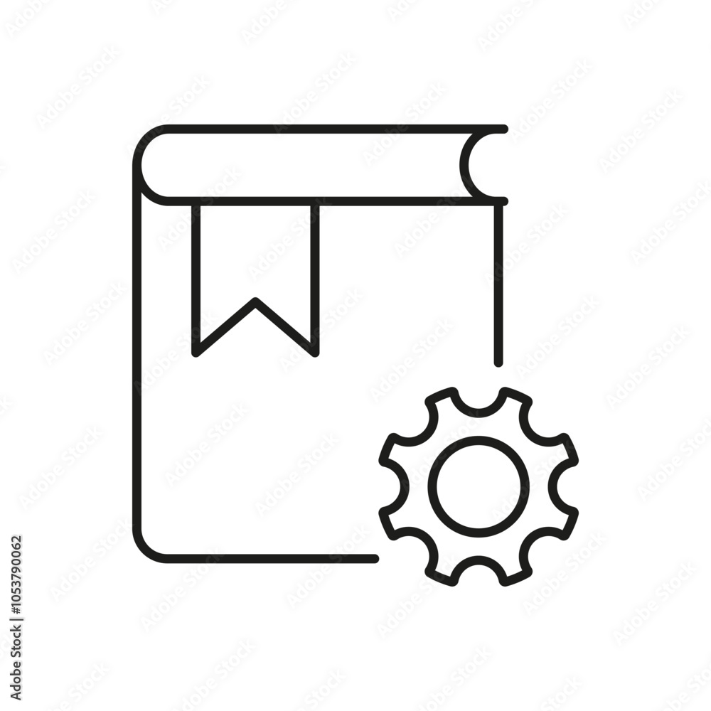 Poster book and gear line icon for settings and support guide. manual and configuration outline symbol with
