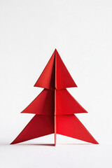 Fototapeta premium A red origami tree is standing on a white background. The tree is made of paper and has a triangular shape. Concept of creativity and the festive spirit of Christmas