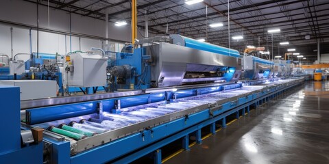 Fototapeta premium Automated industrial production line with blue conveyors and roller systems in a modern manufacturing facility