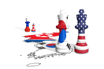 Chess made from flags of North Korea, Russia and South Korea with USA. Russia and North Korean...