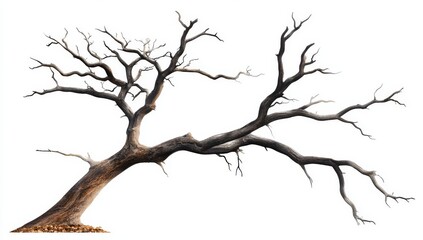 Obraz premium Dead Tree with Black Branches and Dry Leaves on White Background