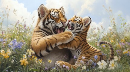Playful Tiger Cubs in a Field of Flowers