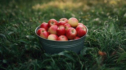 Apples placed in a metallic bucket surrounded by lush green grass
