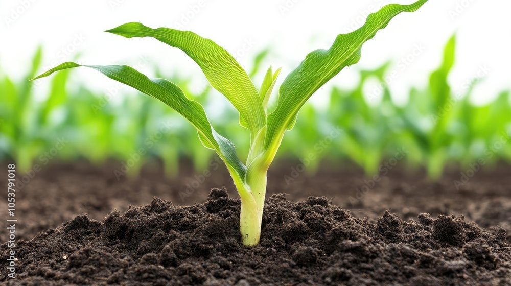 Aufkleber high quality image of an individual corn seedling emerging from soil featuring a clean background fo