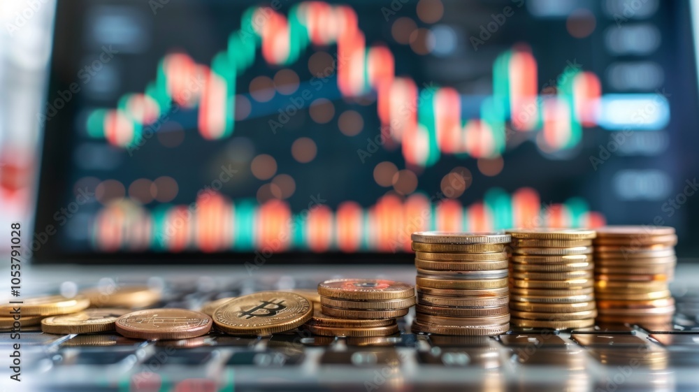 Poster stacks of cryptocurrency coins on keyboard with blurred financial chart background.