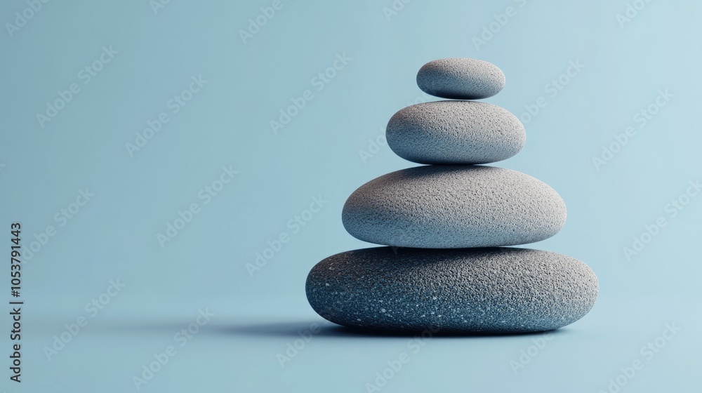 Poster balanced zen stone stack on a tranquil blue gradient background symbolizing harmony and serenity