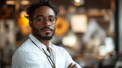 Fototapeta premium Young Black man working on design projects in a minimalist office setting during daytime hours