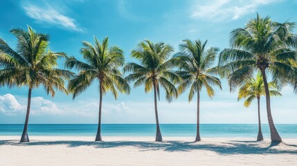 A tranquil beach scene featuring numerous palm trees by the ocean ideal for travel themes with ample space for your copy