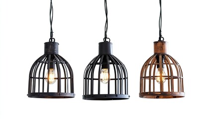 Obraz premium Set of cage pendant lights with unique designs, front view, isolated on white.